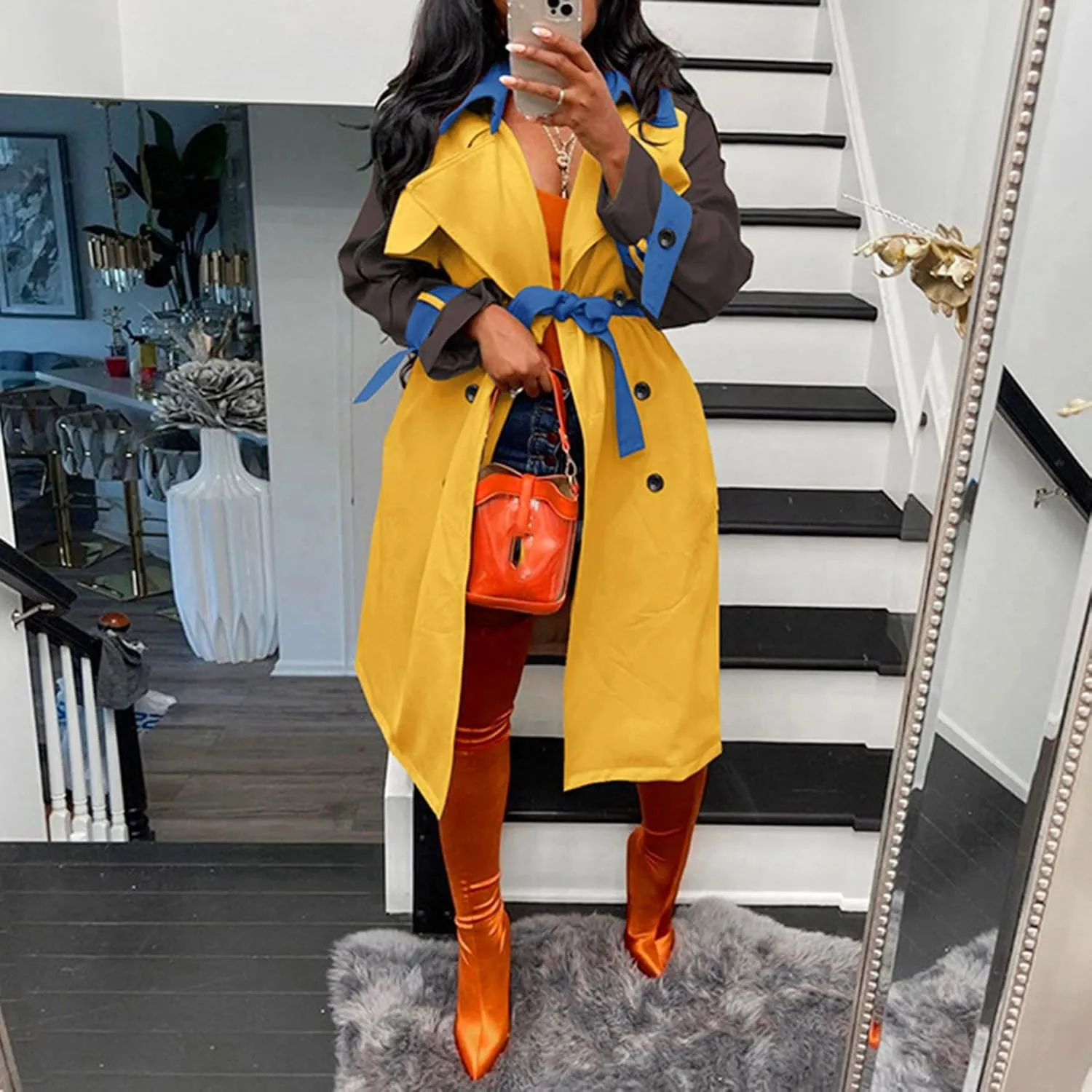 Fashion Trench Coat Women Plus Size Colorblock Long Wrap Coat with Belted Pocket Double-Breasted Notch Lapel Pea Coat