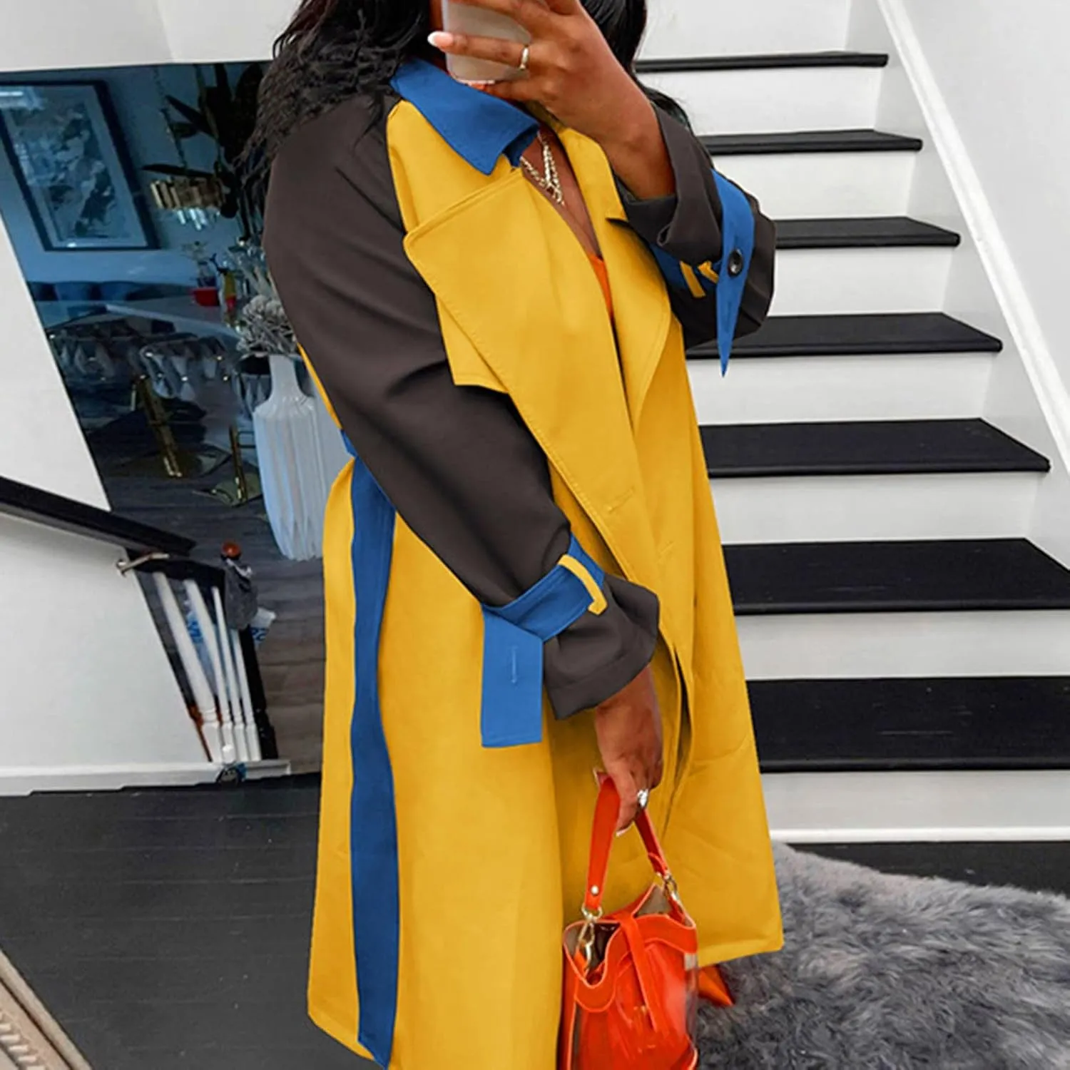 Fashion Trench Coat Women Plus Size Colorblock Long Wrap Coat with Belted Pocket Double-Breasted Notch Lapel Pea Coat