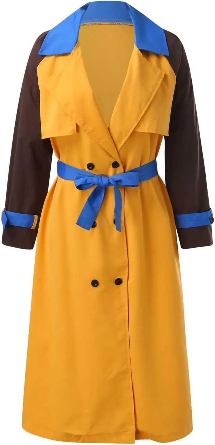 Fashion Trench Coat Women Plus Size Colorblock Long Wrap Coat with Belted Pocket Double-Breasted Notch Lapel Pea Coat