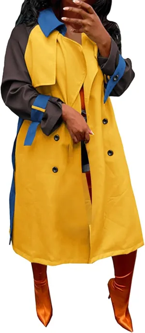 Fashion Trench Coat Women Plus Size Colorblock Long Wrap Coat with Belted Pocket Double-Breasted Notch Lapel Pea Coat