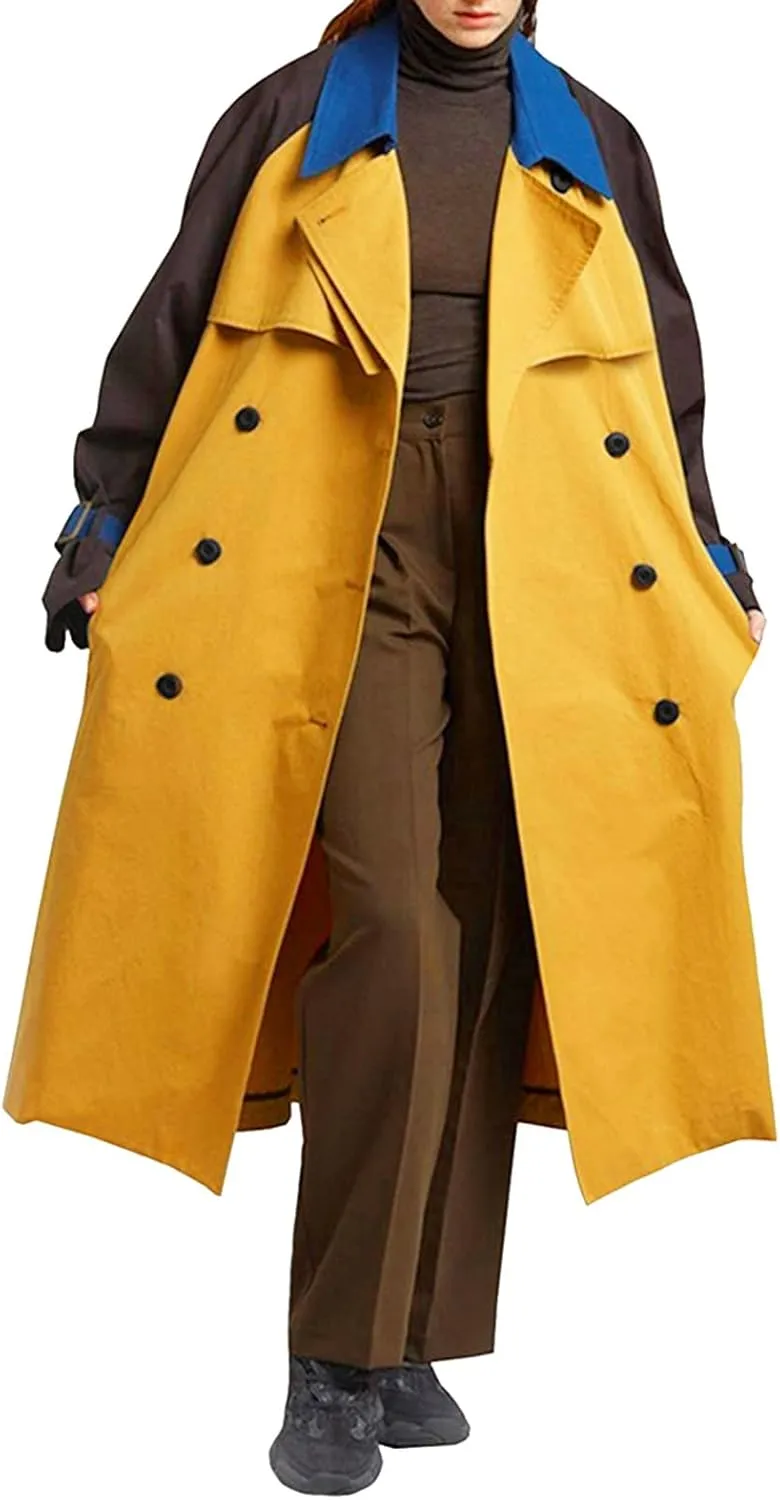 Fashion Trench Coat Women Plus Size Colorblock Long Wrap Coat with Belted Pocket Double-Breasted Notch Lapel Pea Coat