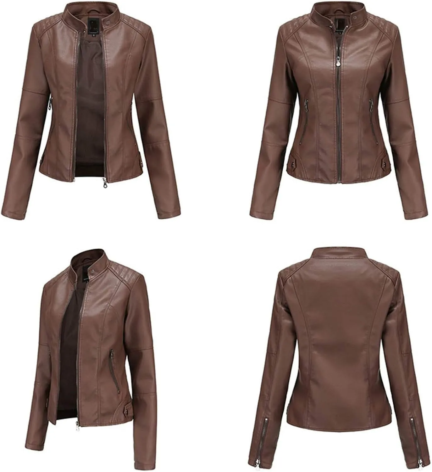 Faux Leather Jackets Women Full Zip Long Sleeve Solid Moto Jacket Trendy Casual Slim Fit Short Coat with Pockets