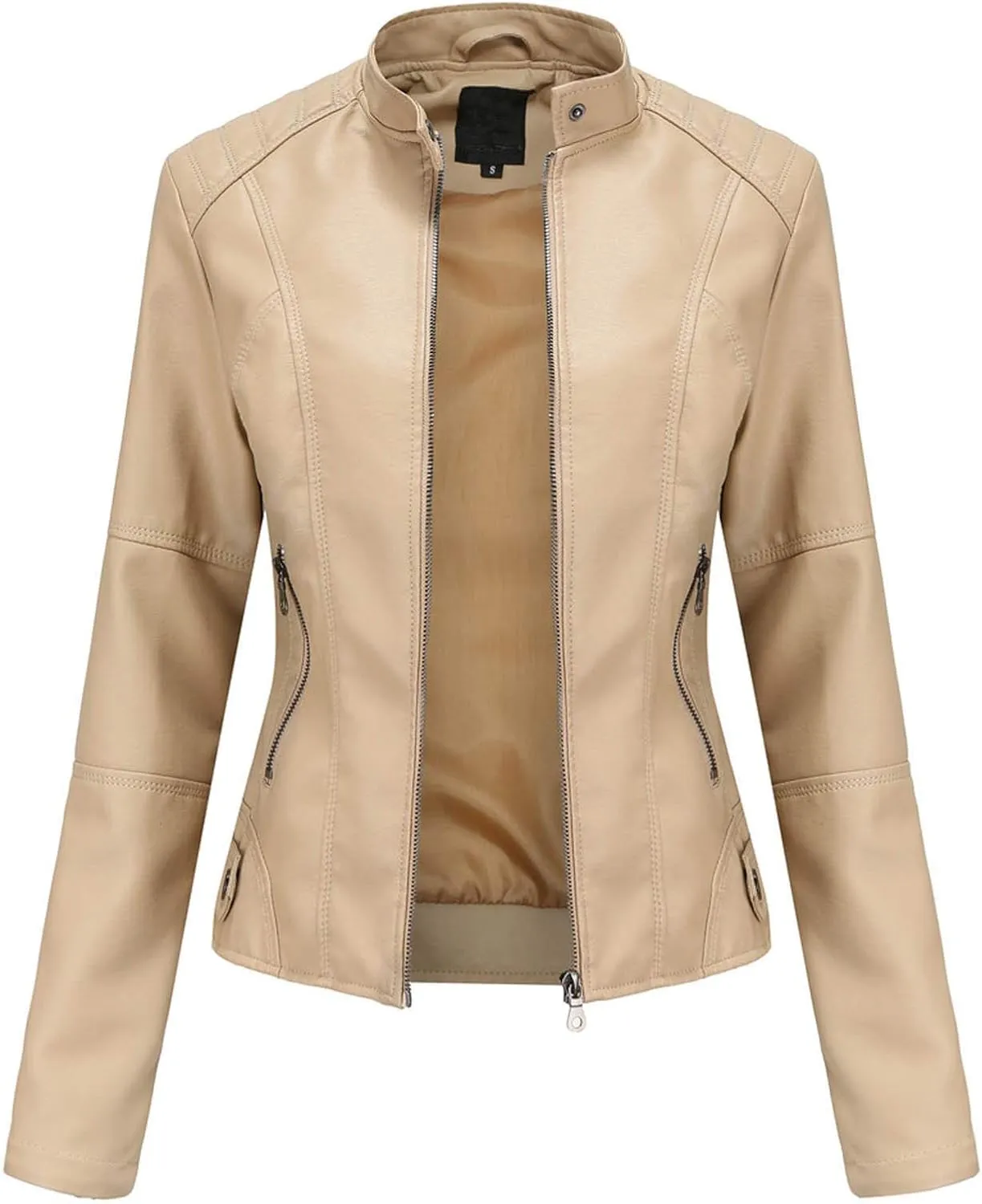 Faux Leather Jackets Women Full Zip Long Sleeve Solid Moto Jacket Trendy Casual Slim Fit Short Coat with Pockets