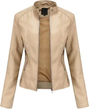 Faux Leather Jackets Women Full Zip Long Sleeve Solid Moto Jacket Trendy Casual Slim Fit Short Coat with Pockets