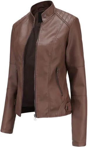 Faux Leather Jackets Women Full Zip Long Sleeve Solid Moto Jacket Trendy Casual Slim Fit Short Coat with Pockets