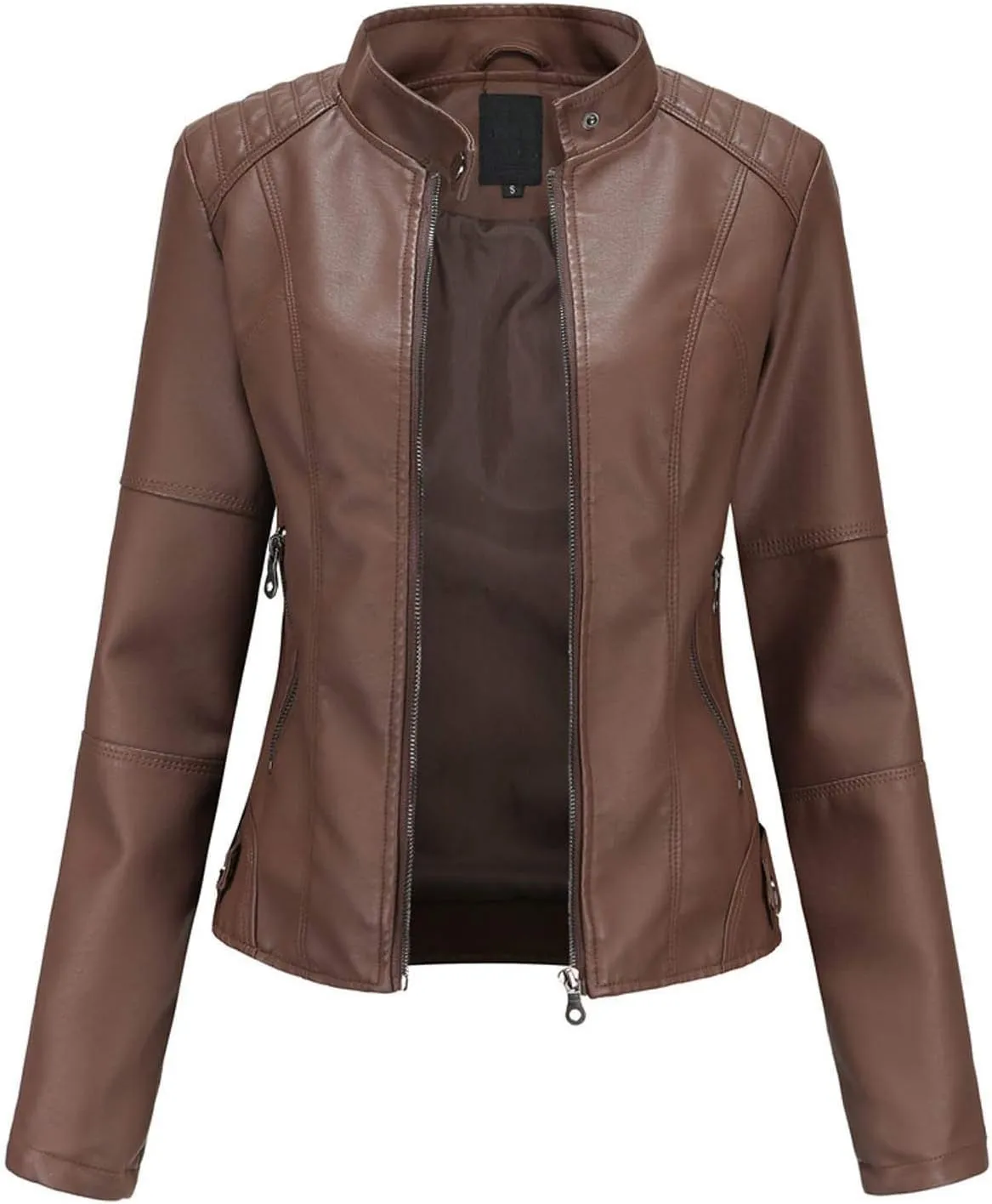 Faux Leather Jackets Women Full Zip Long Sleeve Solid Moto Jacket Trendy Casual Slim Fit Short Coat with Pockets