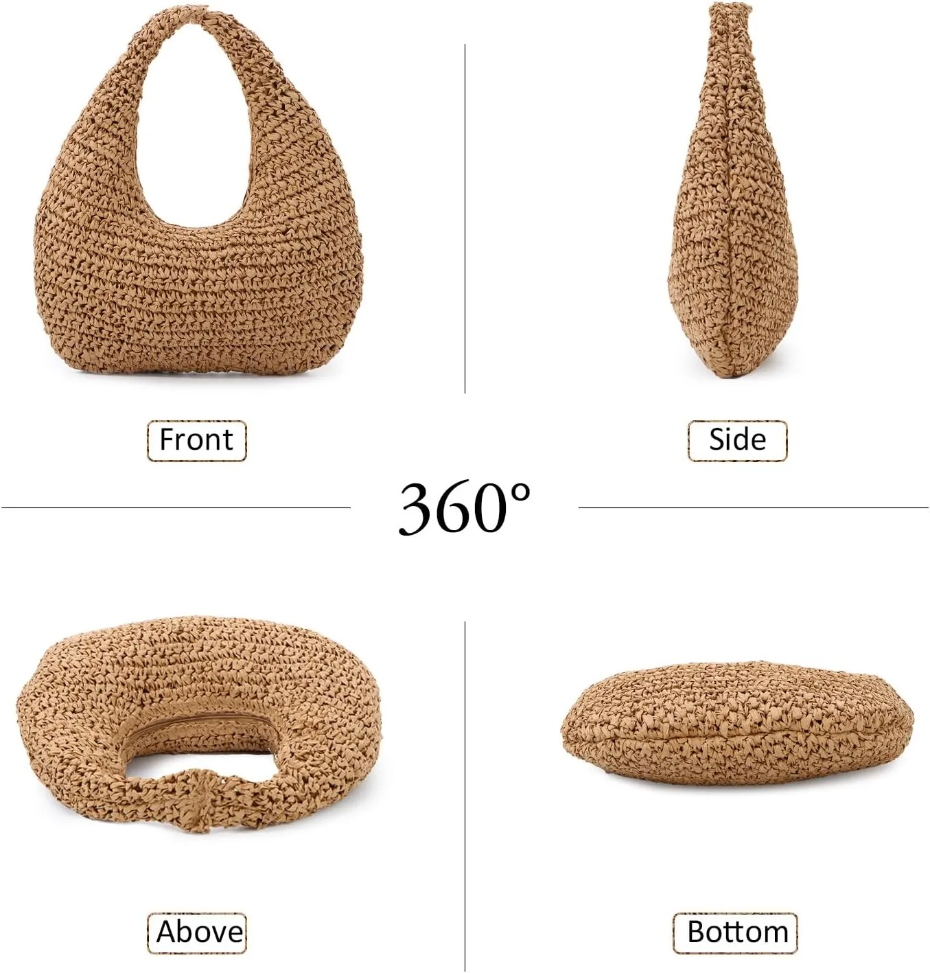 Fecialy Straw Bag for Women Crescent Shoulder Handbag Straw Summer Beach Tote Handbag Raffia Woven Hobo Bag