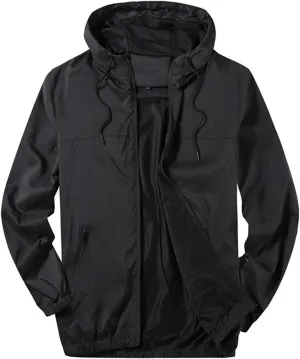 Finelylove Mens Lightweight Jacket with Hood Solid Zip Up Windbreaker Active Breathable Casual Jackets with Zip Pockets