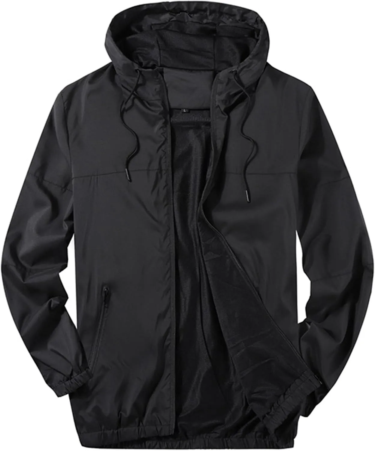 Finelylove Mens Lightweight Jacket with Hood Solid Zip Up Windbreaker Active Breathable Casual Jackets with Zip Pockets