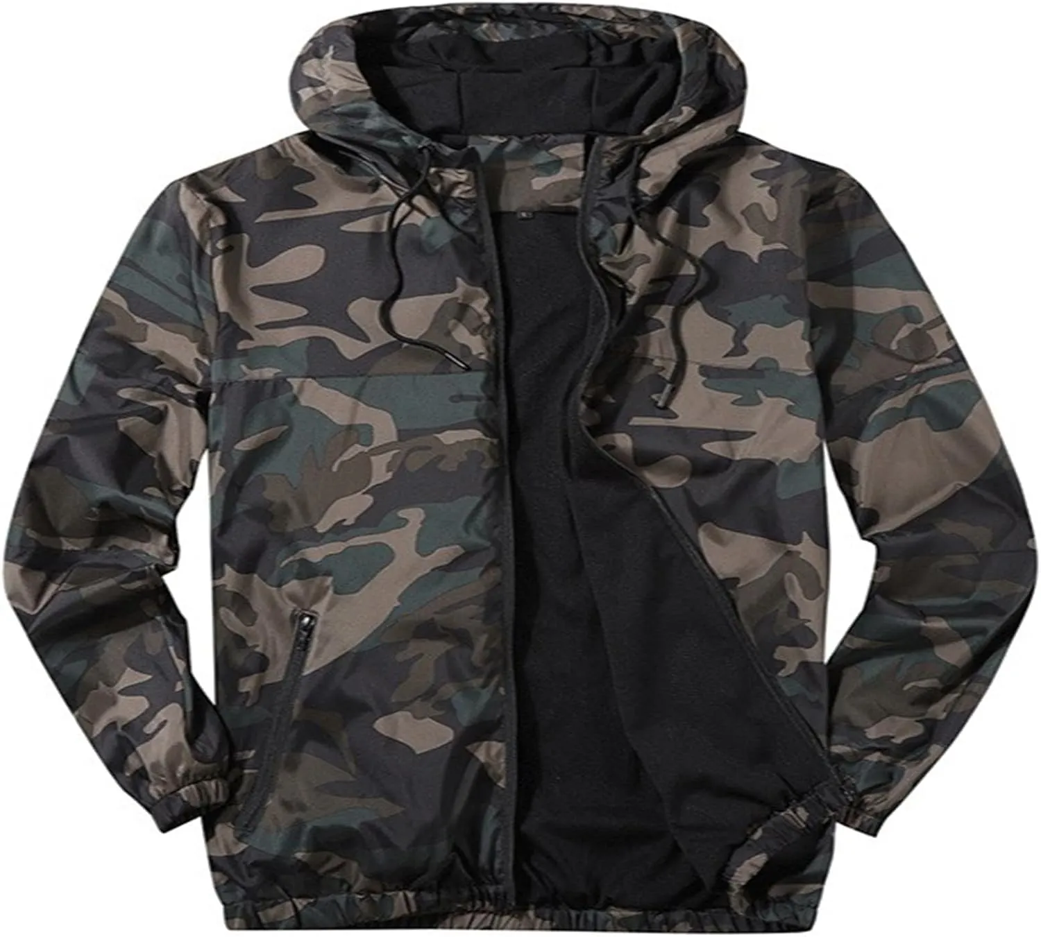 Finelylove Mens Lightweight Jacket with Hood Solid Zip Up Windbreaker Active Breathable Casual Jackets with Zip Pockets