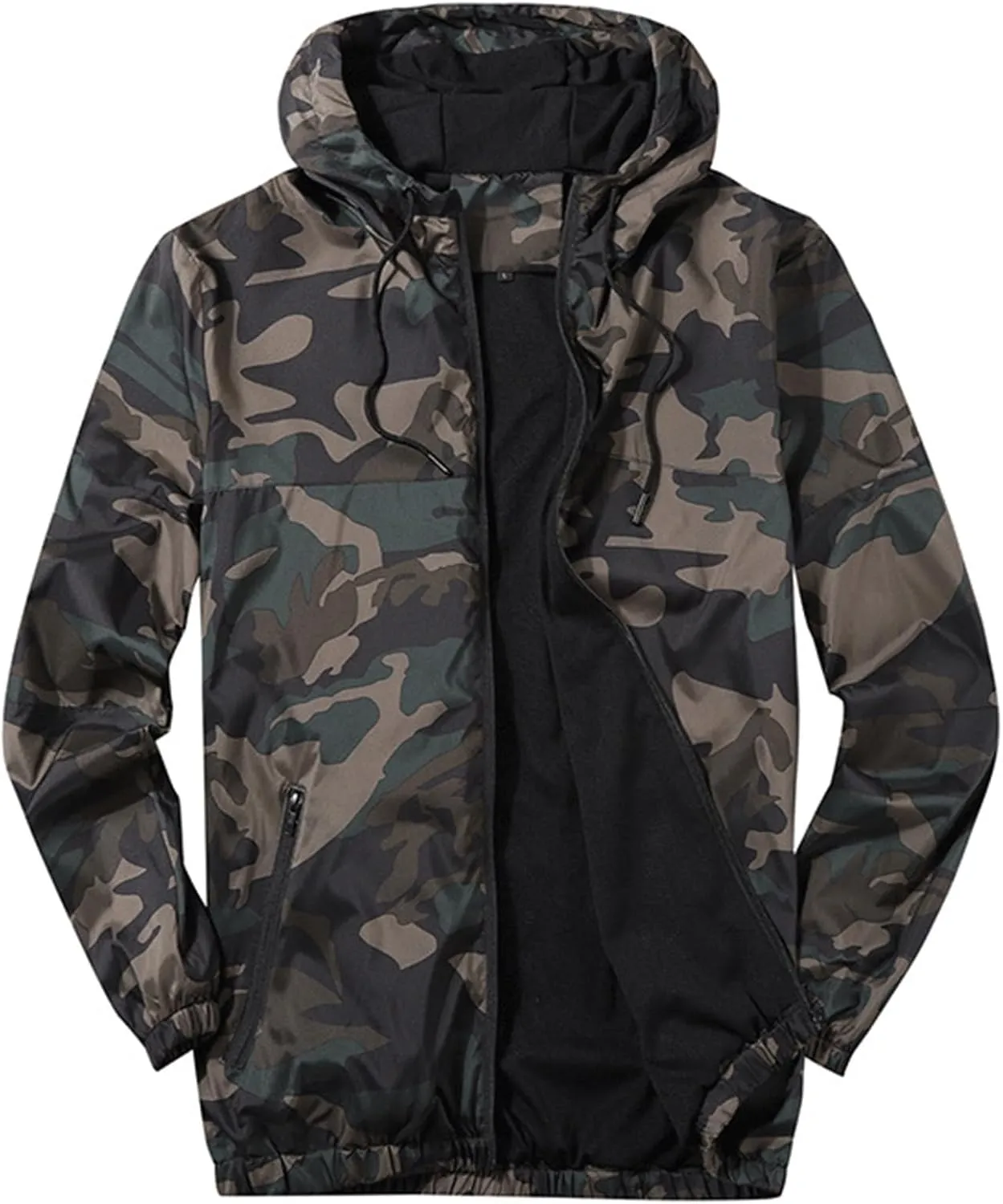 Finelylove Mens Lightweight Jacket with Hood Solid Zip Up Windbreaker Active Breathable Casual Jackets with Zip Pockets