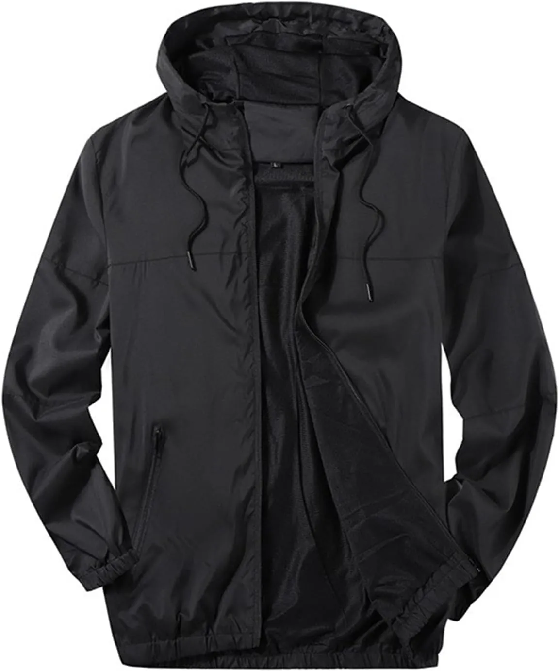 Finelylove Mens Lightweight Jacket with Hood Solid Zip Up Windbreaker Active Breathable Casual Jackets with Zip Pockets