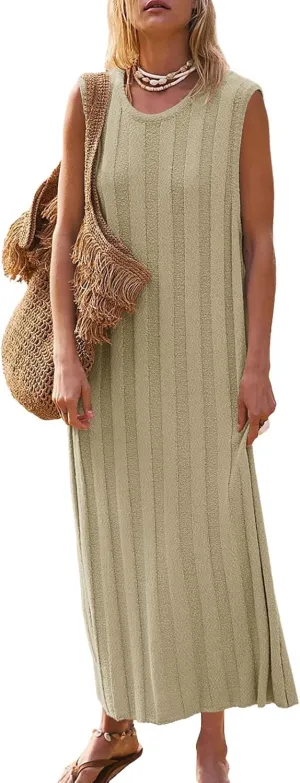 Fisoew Women's Summer Sleeveless Maxi Dress Sweater Scoop Neck Ribbed Knit Tank Dresses Khaki, Medium