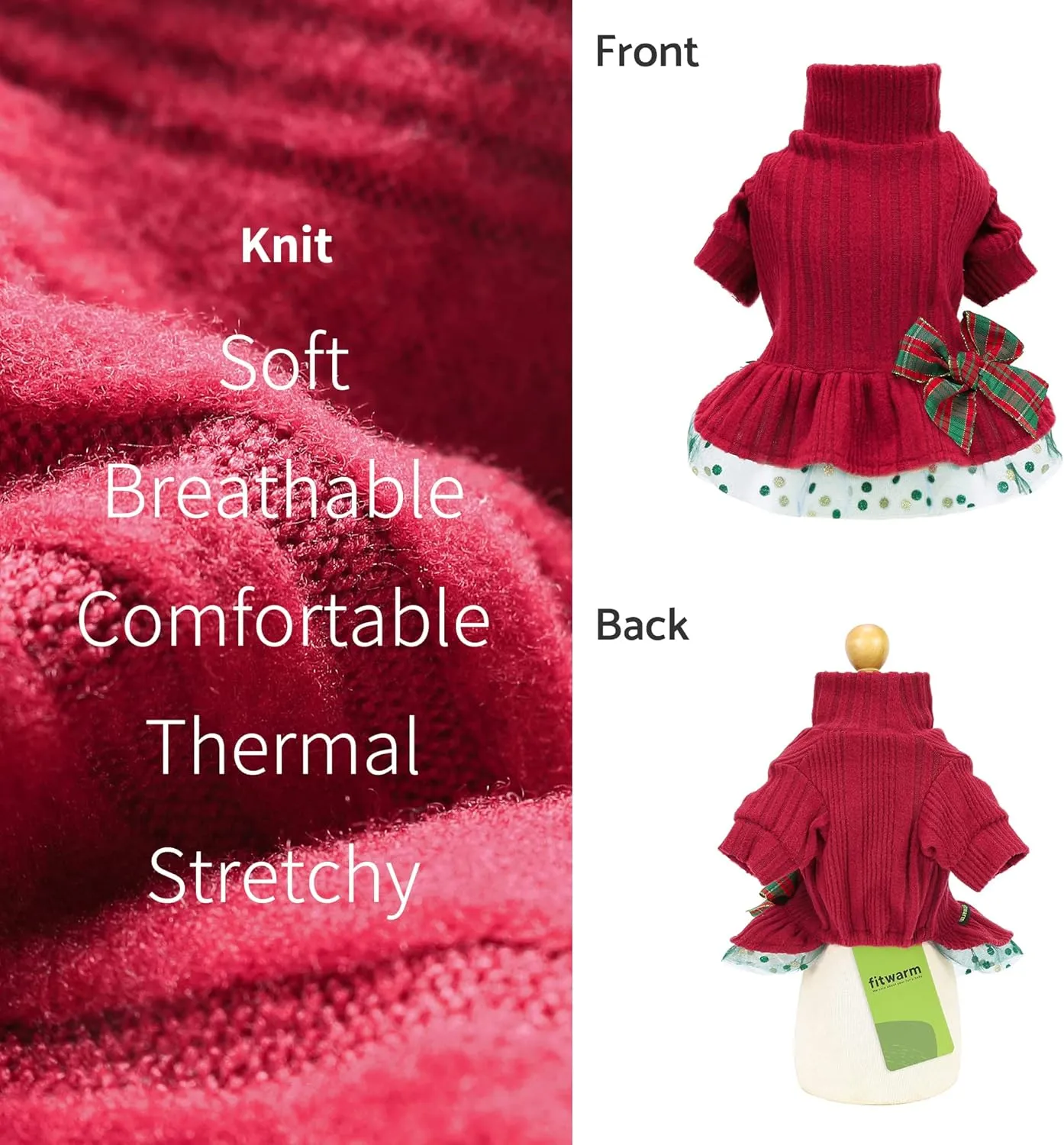 Fitwarm Christmas Outfit, Knitted Tulle Sweater Dress, Winter Clothes for Small Dogs Girl, Female Pet Apparel, Red, Green, Large