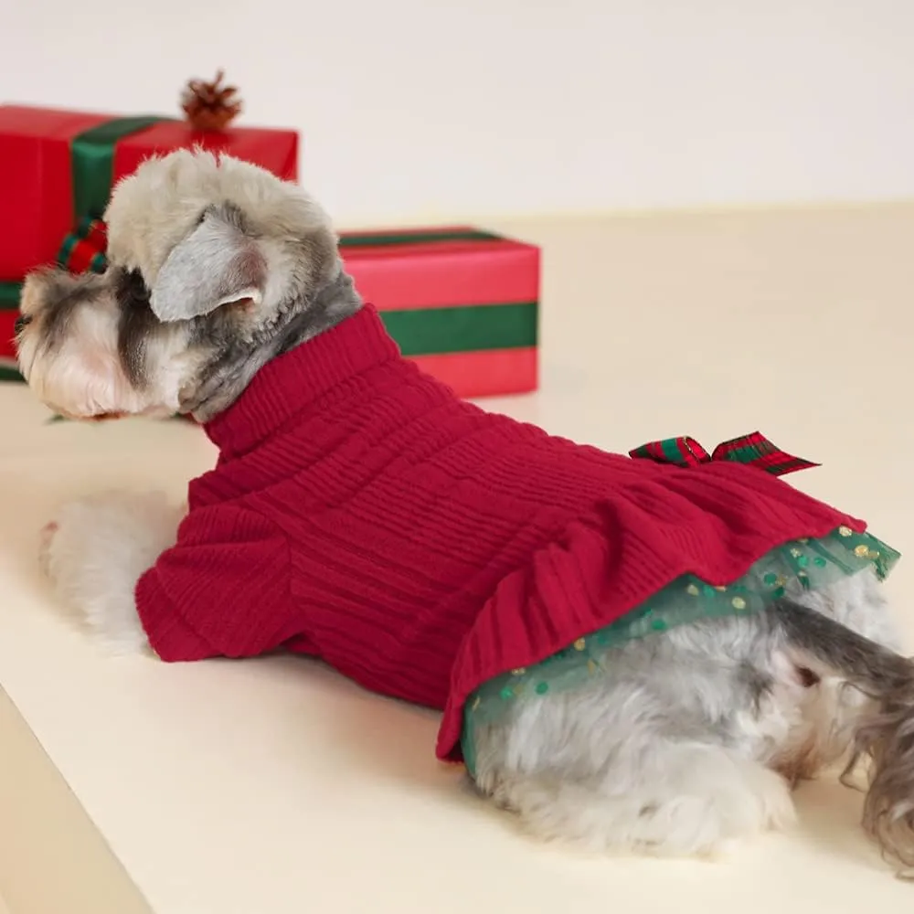 Fitwarm Christmas Outfit, Knitted Tulle Sweater Dress, Winter Clothes for Small Dogs Girl, Female Pet Apparel, Red, Green, Large