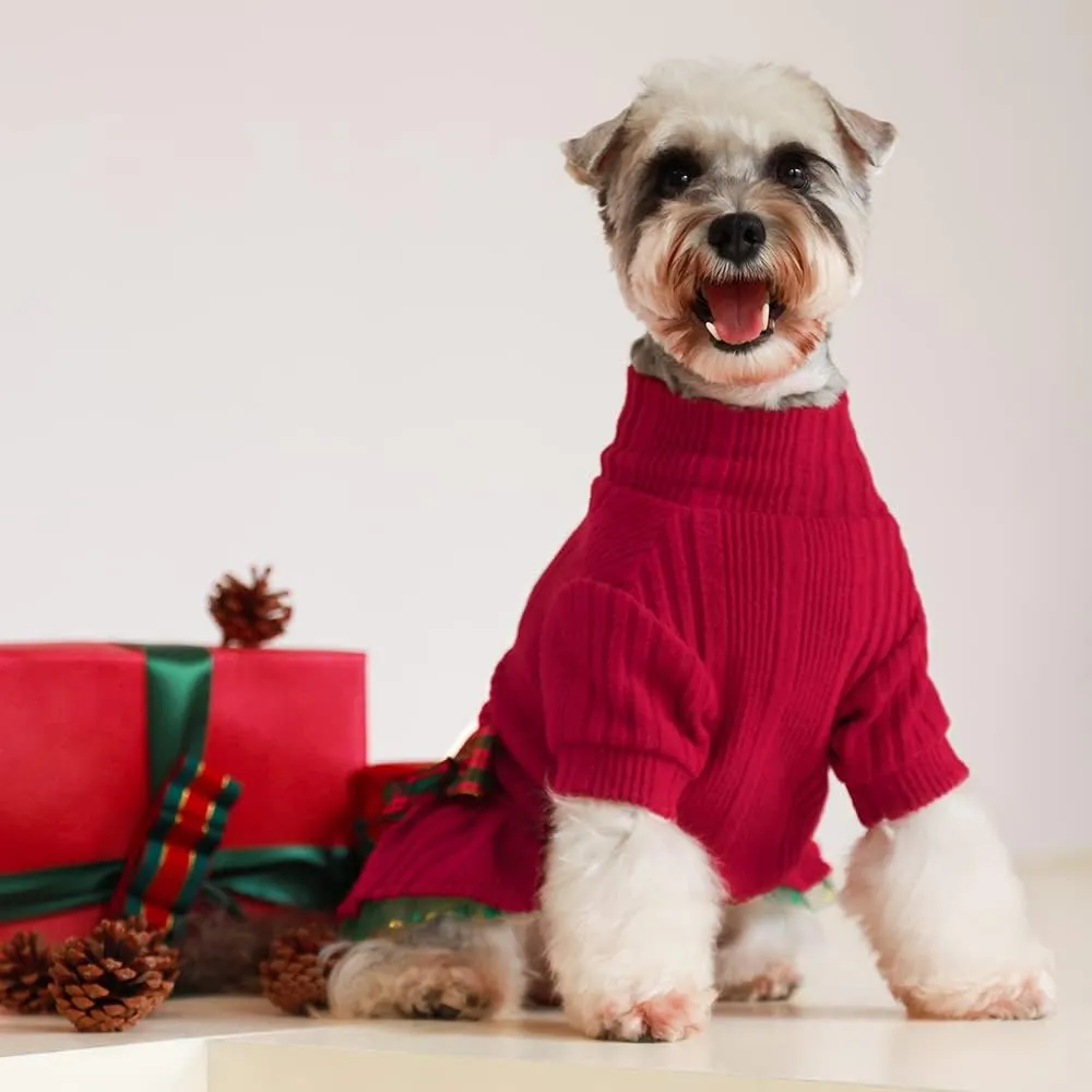 Fitwarm Christmas Outfit, Knitted Tulle Sweater Dress, Winter Clothes for Small Dogs Girl, Female Pet Apparel, Red, Green, Large