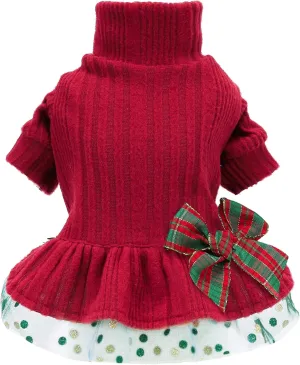 Fitwarm Christmas Outfit, Knitted Tulle Sweater Dress, Winter Clothes for Small Dogs Girl, Female Pet Apparel, Red, Green, Large