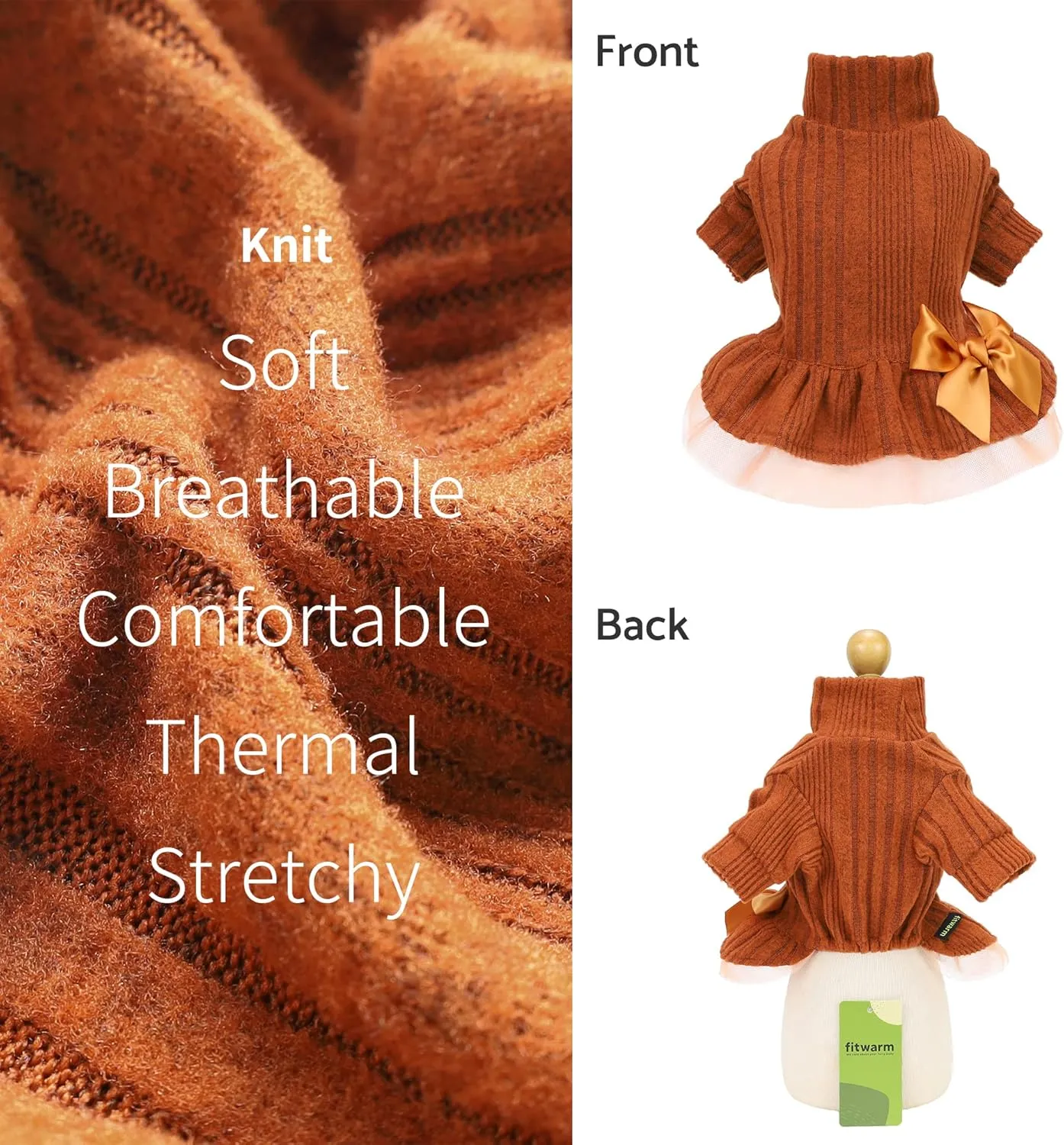 Fitwarm Knitted Dog Tulle Sweater Dress, Dog Winter Clothes for Small Dogs Girl, Cat Apparel, Orange, XS