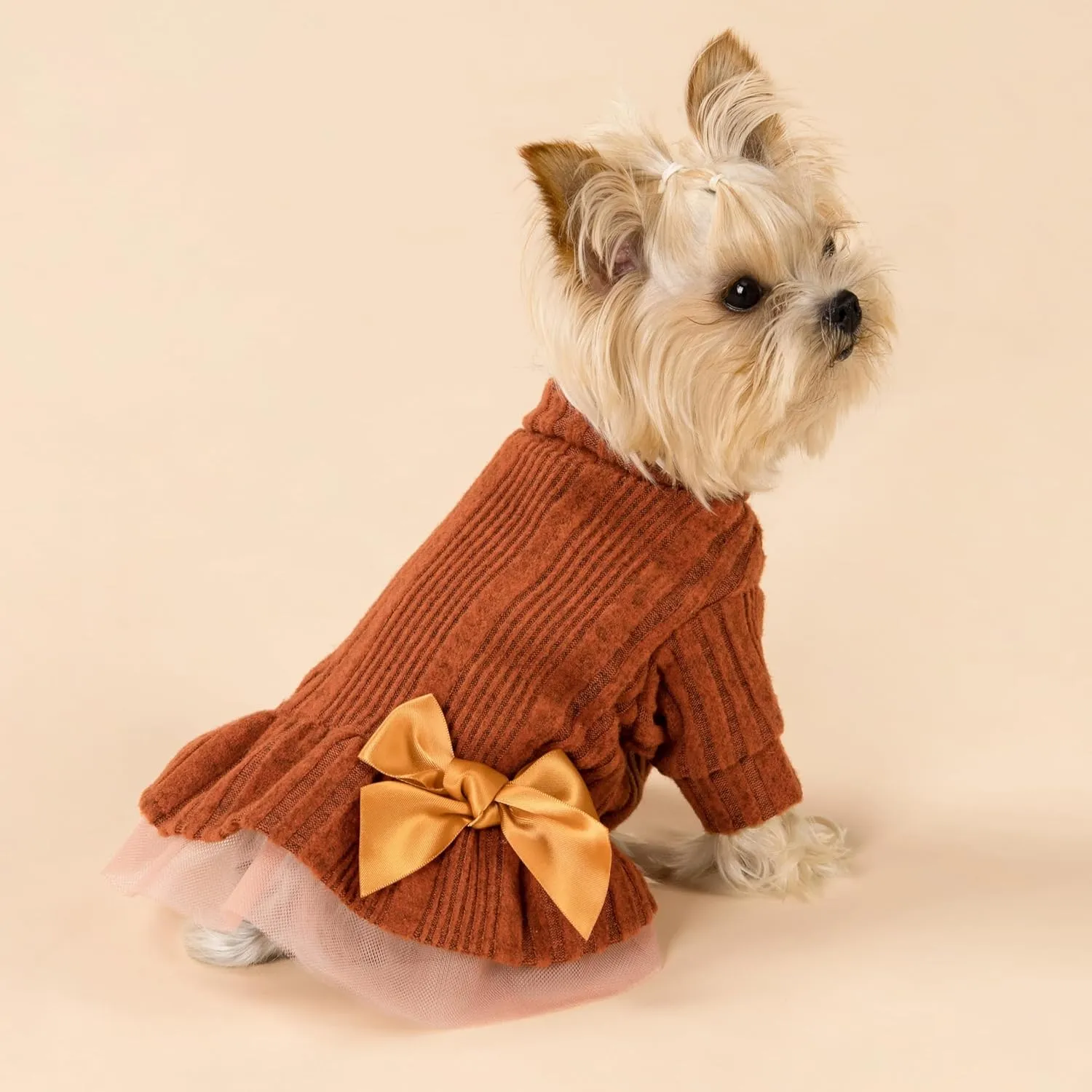 Fitwarm Knitted Dog Tulle Sweater Dress, Dog Winter Clothes for Small Dogs Girl, Cat Apparel, Orange, XS
