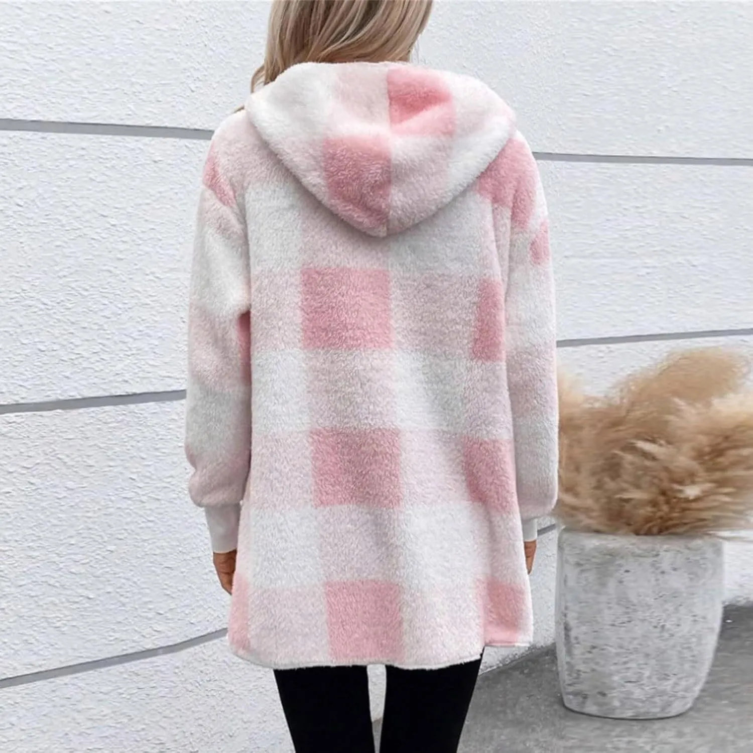 Flannel Jacket Women Sherpa Lined Open Front Hooded Cardigan Sweaters Plus Size Plaid Shacket Fall Winter Teddy Coat