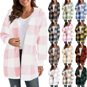Flannel Jacket Women Sherpa Lined Open Front Hooded Cardigan Sweaters Plus Size Plaid Shacket Fall Winter Teddy Coat