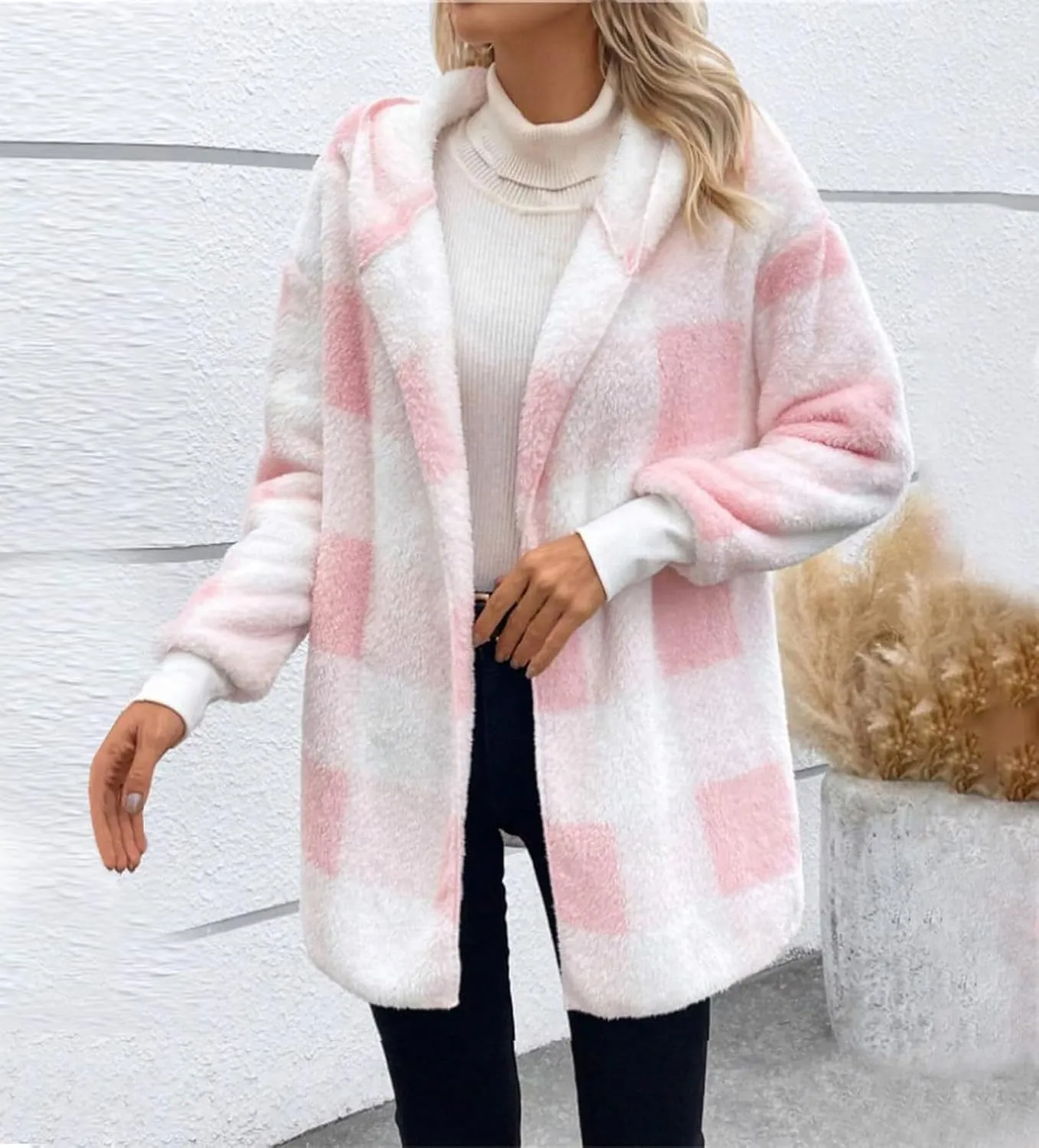 Flannel Jacket Women Sherpa Lined Open Front Hooded Cardigan Sweaters Plus Size Plaid Shacket Fall Winter Teddy Coat