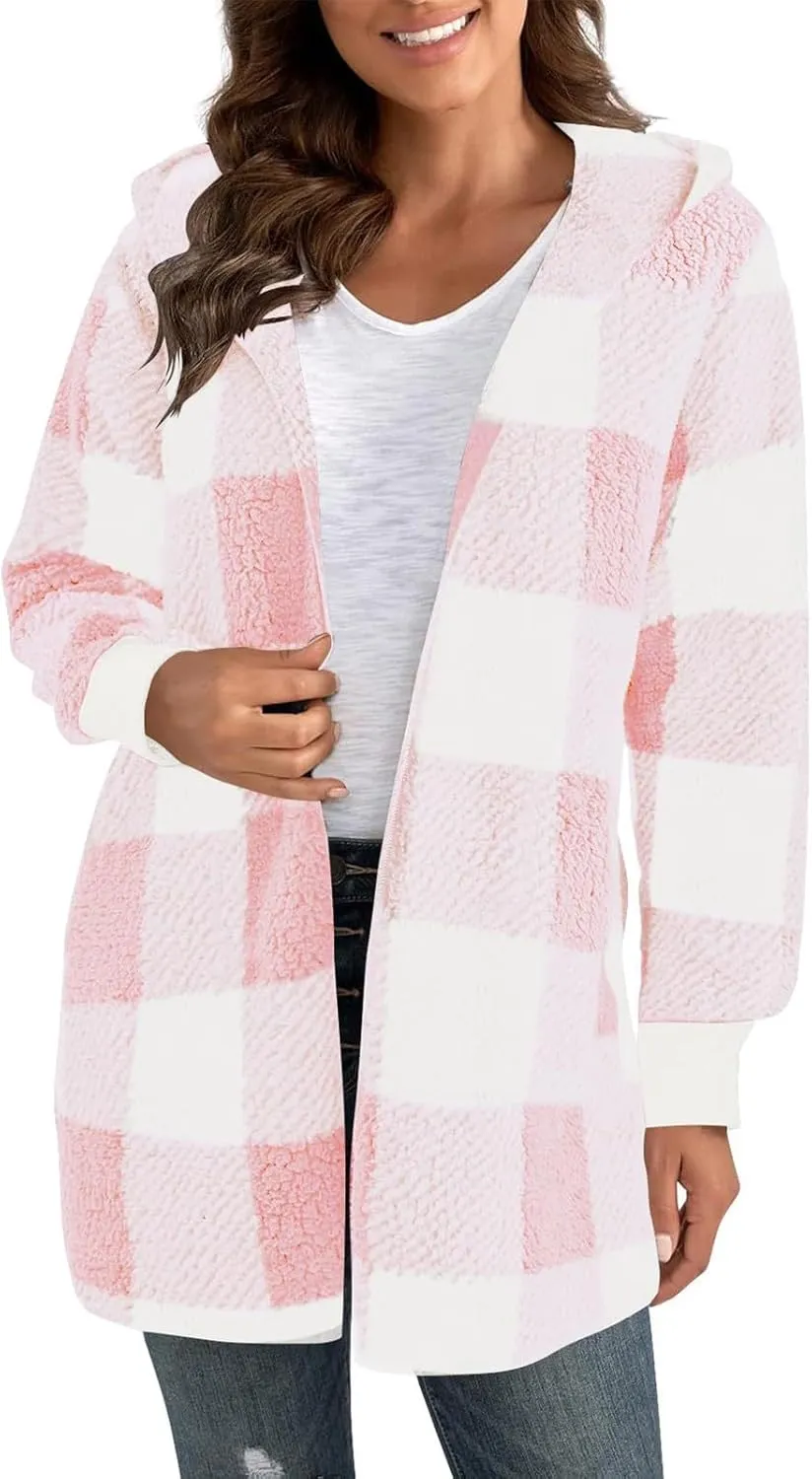 Flannel Jacket Women Sherpa Lined Open Front Hooded Cardigan Sweaters Plus Size Plaid Shacket Fall Winter Teddy Coat