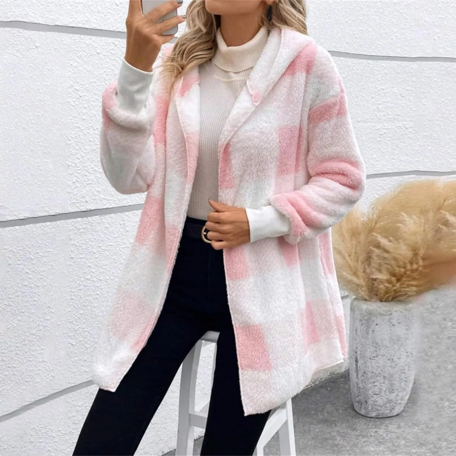 Flannel Jacket Women Sherpa Lined Open Front Hooded Cardigan Sweaters Plus Size Plaid Shacket Fall Winter Teddy Coat
