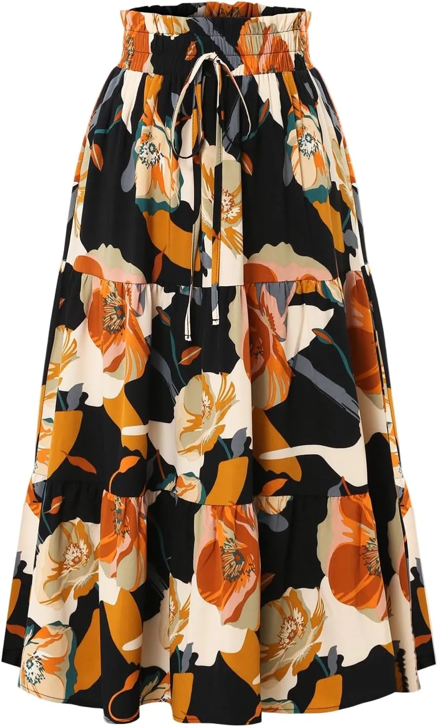 Floral Long Skirts for Women Summer Boho Elastic Waist Tiered Maxi Skirt Flowy A Line African Print Beach Skirt