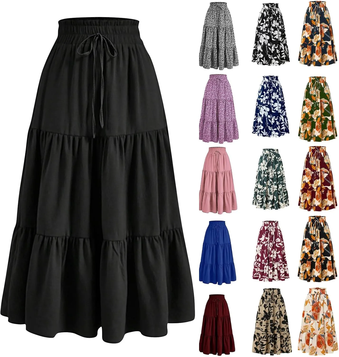 Floral Long Skirts for Women Summer Boho Elastic Waist Tiered Maxi Skirt Flowy A Line African Print Beach Skirt