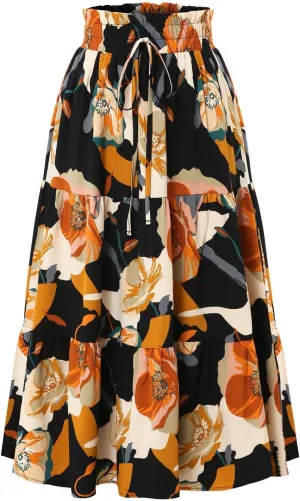 Floral Long Skirts for Women Summer Boho Elastic Waist Tiered Maxi Skirt Flowy A Line African Print Beach Skirt