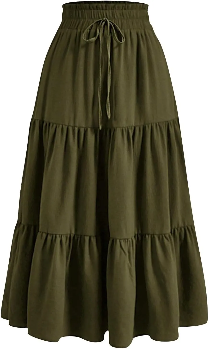 Floral Long Skirts for Women Summer Boho Elastic Waist Tiered Maxi Skirt Flowy A Line African Print Beach Skirt