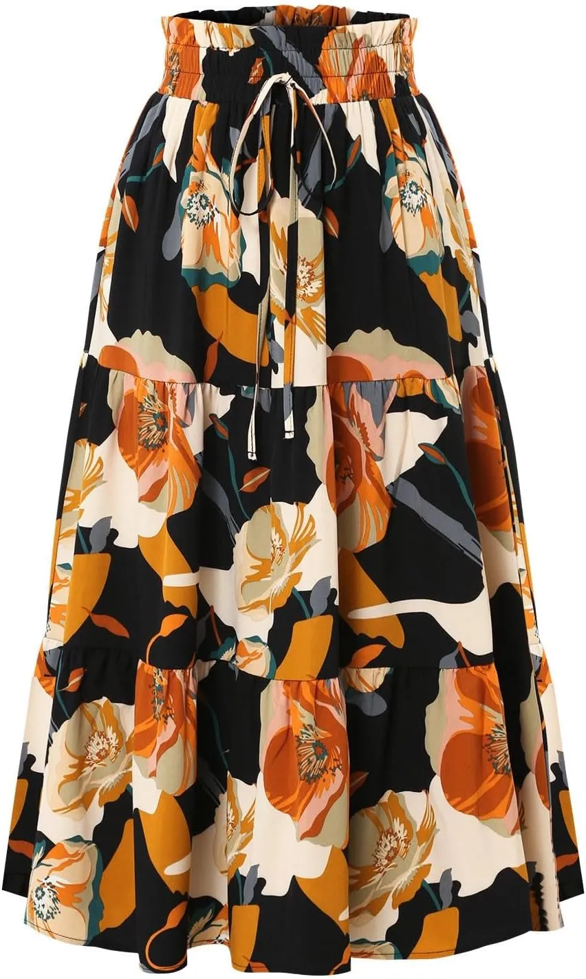 Floral Long Skirts for Women Summer Boho Elastic Waist Tiered Maxi Skirt Flowy A Line African Print Beach Skirt