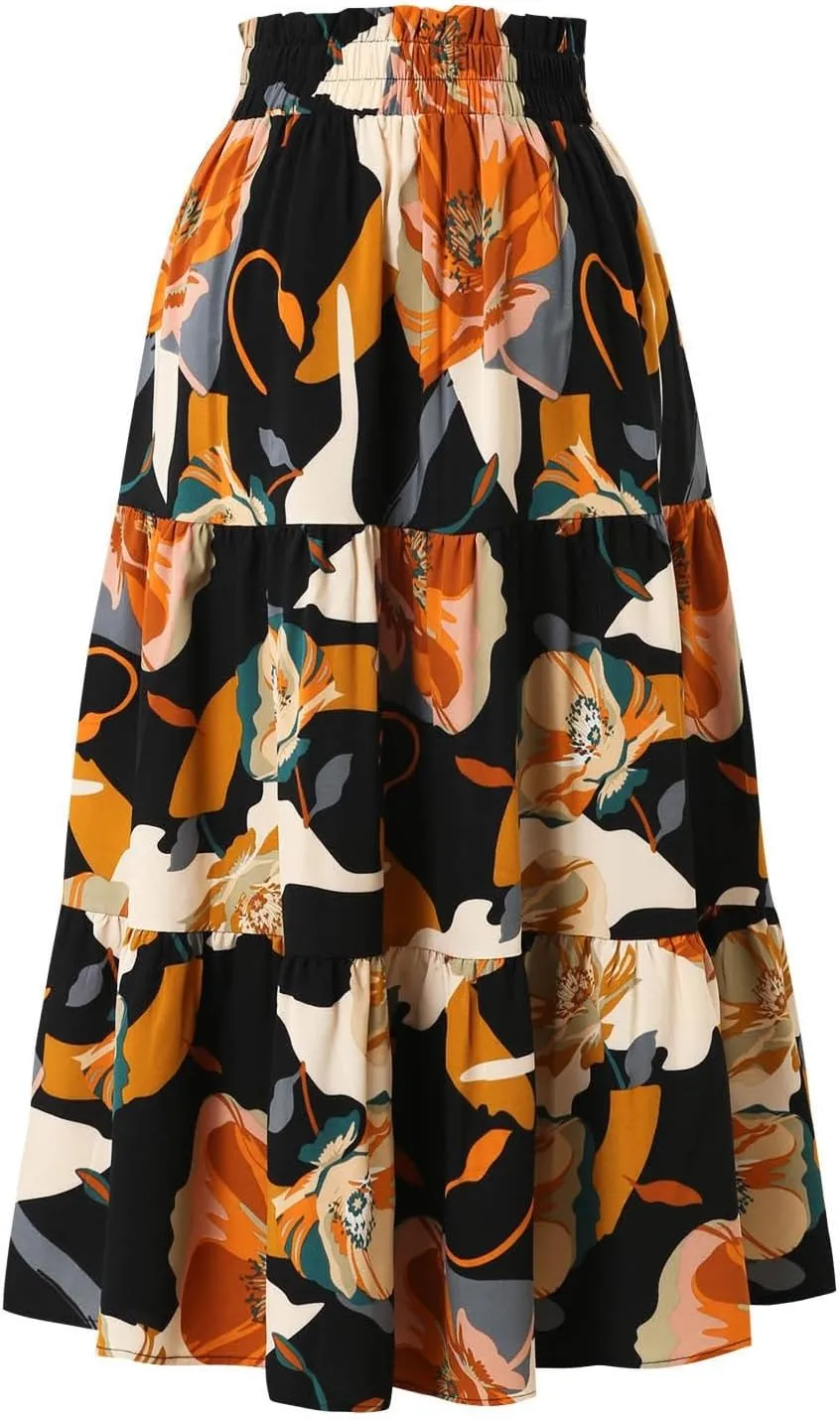 Floral Long Skirts for Women Summer Boho Elastic Waist Tiered Maxi Skirt Flowy A Line African Print Beach Skirt