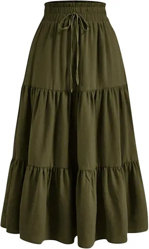 Floral Long Skirts for Women Summer Boho Elastic Waist Tiered Maxi Skirt Flowy A Line African Print Beach Skirt