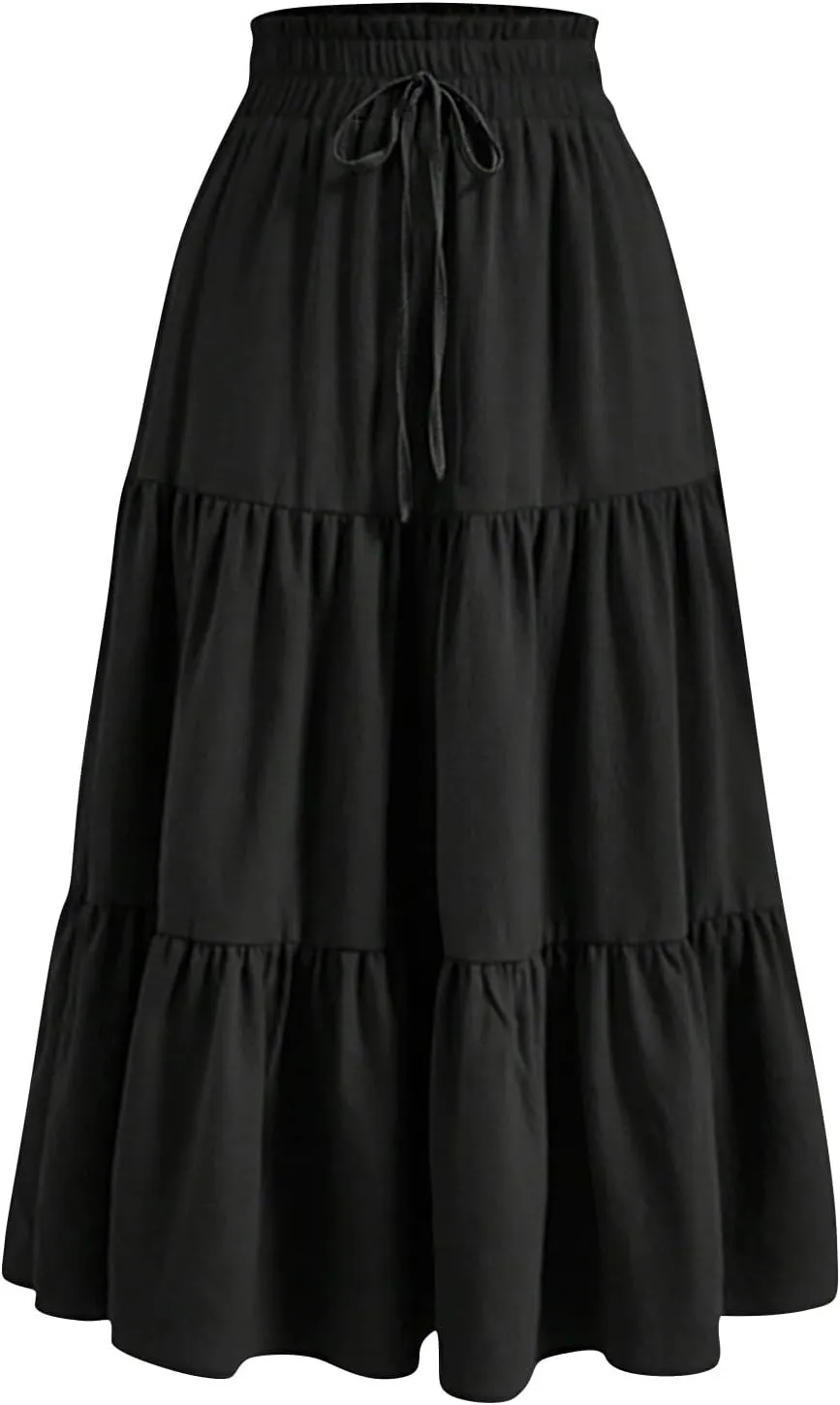 Floral Long Skirts for Women Summer Boho Elastic Waist Tiered Maxi Skirt Flowy A Line African Print Beach Skirt