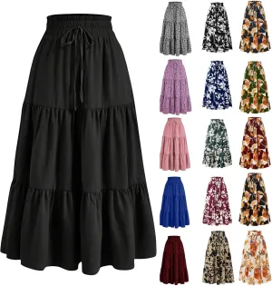 Floral Long Skirts for Women Summer Boho Elastic Waist Tiered Maxi Skirt Flowy A Line African Print Beach Skirt
