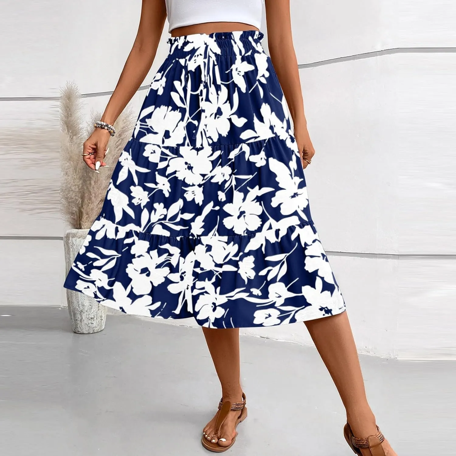 Floral Maxi Skirts for Women Trendy Summer Boho Tiered Long Flowy Skirt Drawstring High Waisted Swing A-Line Skirt