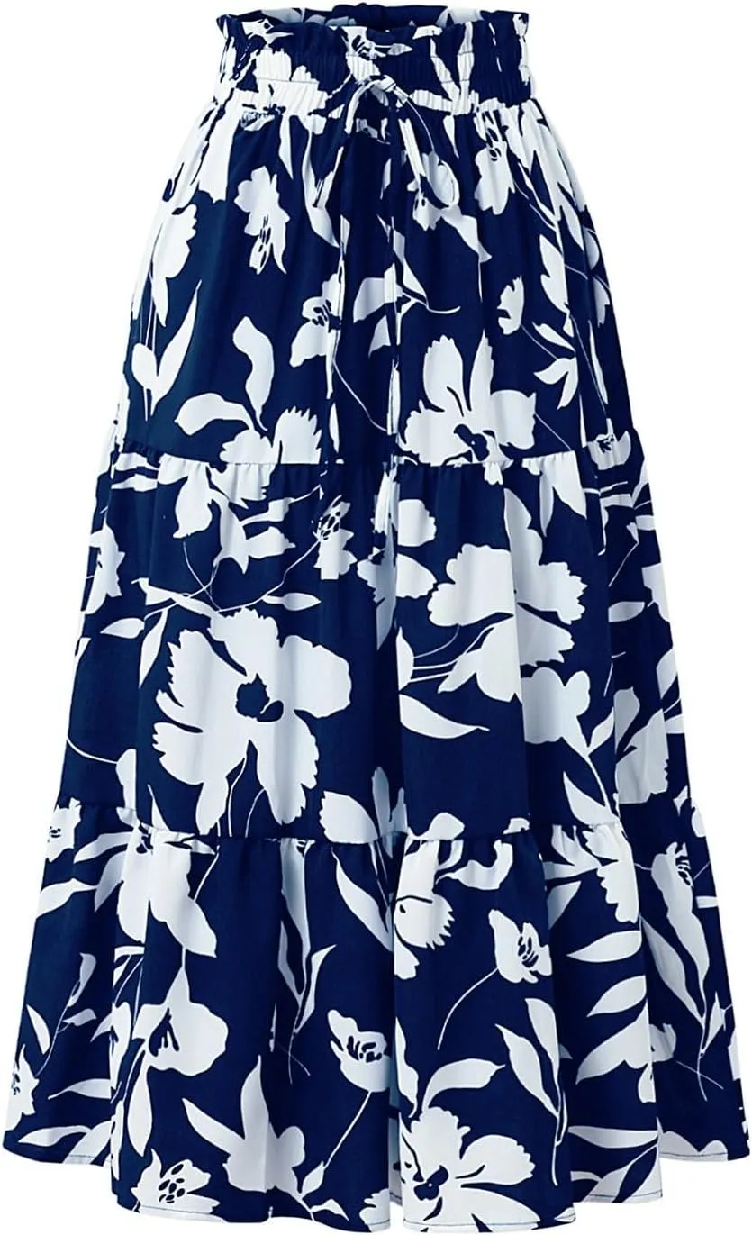 Floral Maxi Skirts for Women Trendy Summer Boho Tiered Long Flowy Skirt Drawstring High Waisted Swing A-Line Skirt