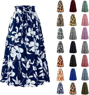 Floral Maxi Skirts for Women Trendy Summer Boho Tiered Long Flowy Skirt Drawstring High Waisted Swing A-Line Skirt