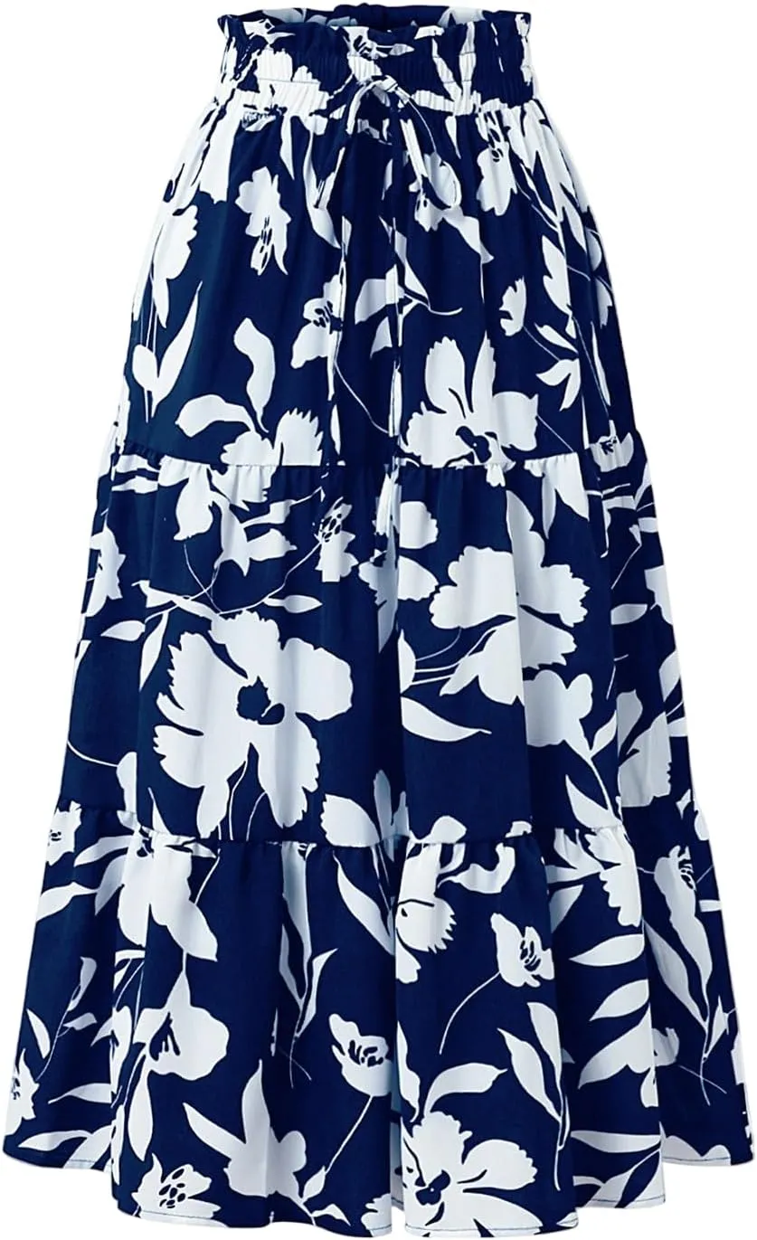 Floral Maxi Skirts for Women Trendy Summer Boho Tiered Long Flowy Skirt Drawstring High Waisted Swing A-Line Skirt