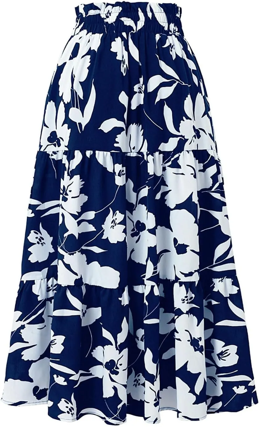 Floral Maxi Skirts for Women Trendy Summer Boho Tiered Long Flowy Skirt Drawstring High Waisted Swing A-Line Skirt