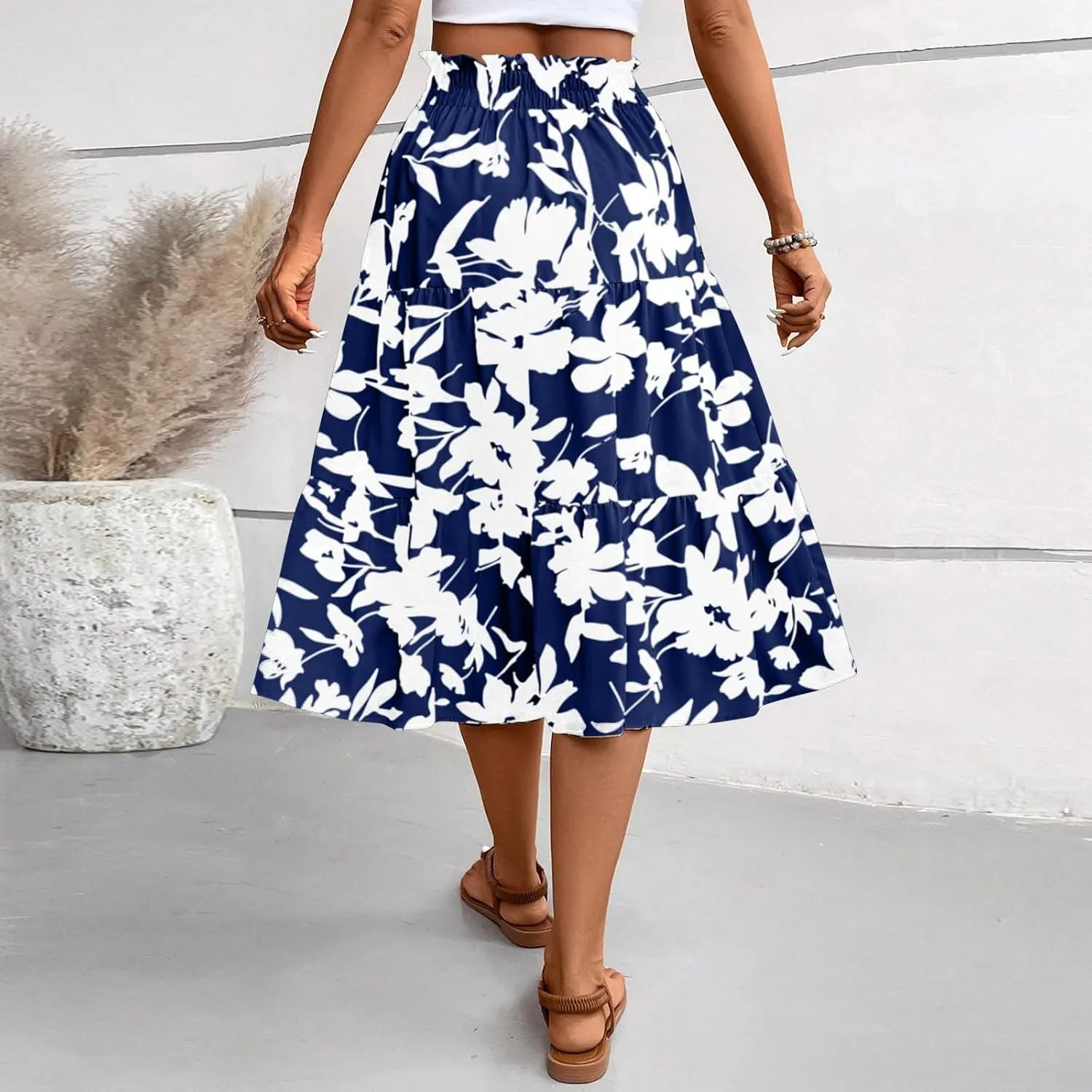 Floral Maxi Skirts for Women Trendy Summer Boho Tiered Long Flowy Skirt Drawstring High Waisted Swing A-Line Skirt