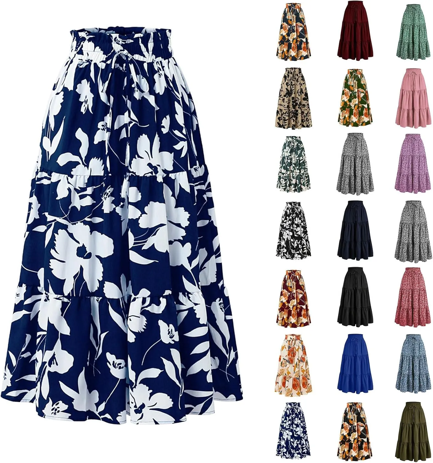 Floral Maxi Skirts for Women Trendy Summer Boho Tiered Long Flowy Skirt Drawstring High Waisted Swing A-Line Skirt