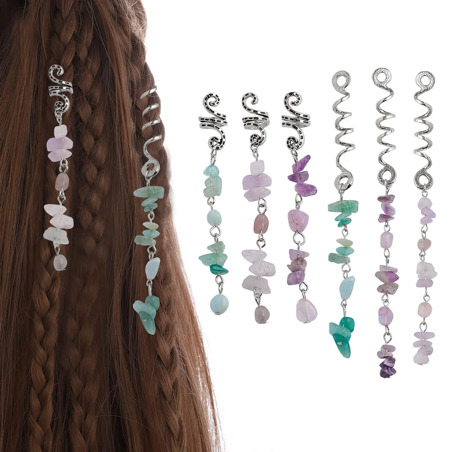 FRDTLUTHW Colored Natural Stone Tassels Hair Jewelry for Braids, Crystal Dreadlock Accessories Hair Charms for Women(Silver, pack of 6)
