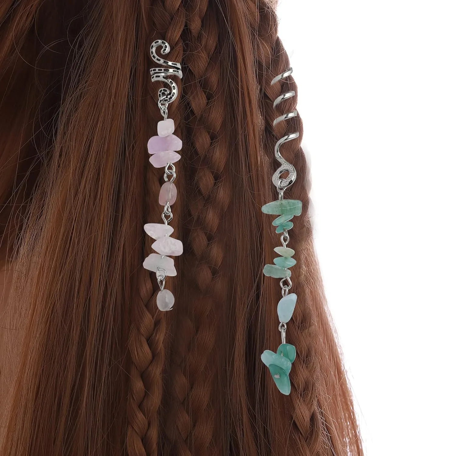 FRDTLUTHW Colored Natural Stone Tassels Hair Jewelry for Braids, Crystal Dreadlock Accessories Hair Charms for Women(Silver, pack of 6)