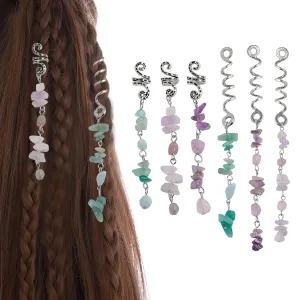 FRDTLUTHW Colored Natural Stone Tassels Hair Jewelry for Braids, Crystal Dreadlock Accessories Hair Charms for Women(Silver, pack of 6)