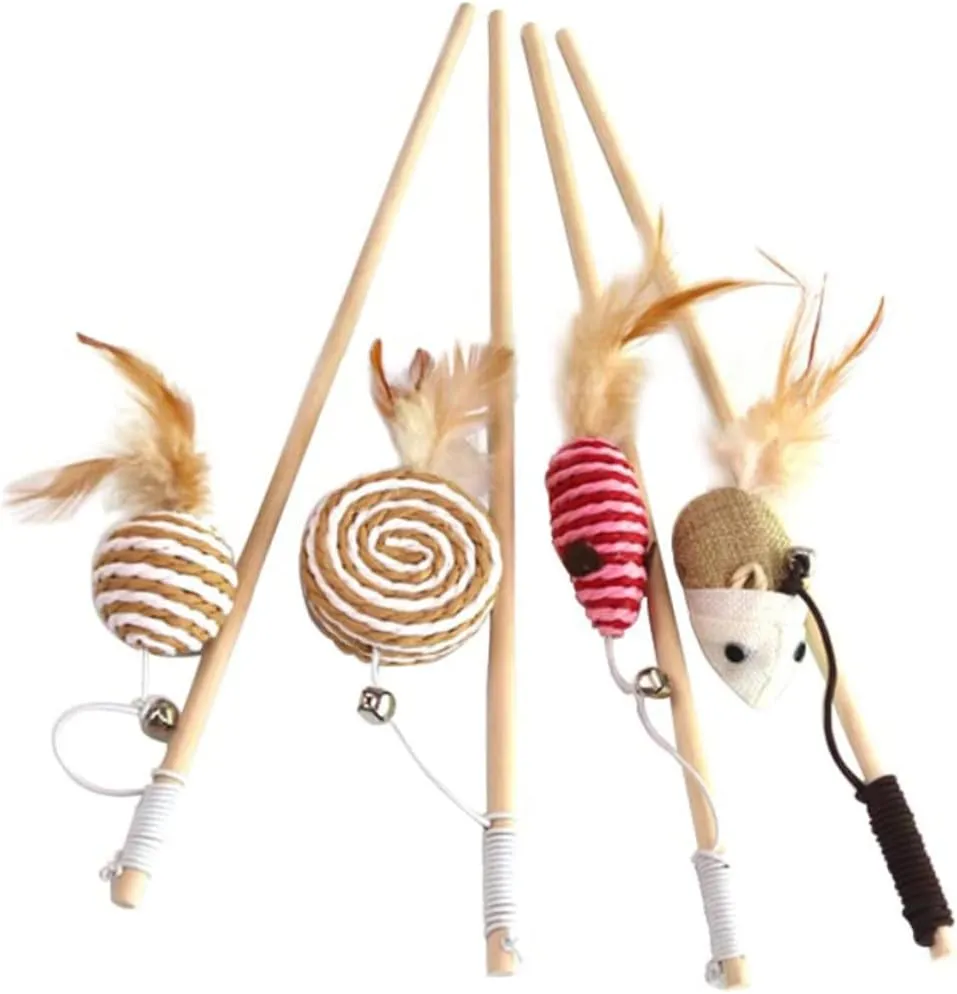 GALPADA 4Pcs Interactive Cat Mouse Wand Teaser with Bell for Kittens Fun Wood Stick Cat for Indoor Play Random Styles for Engaging Pet Activities