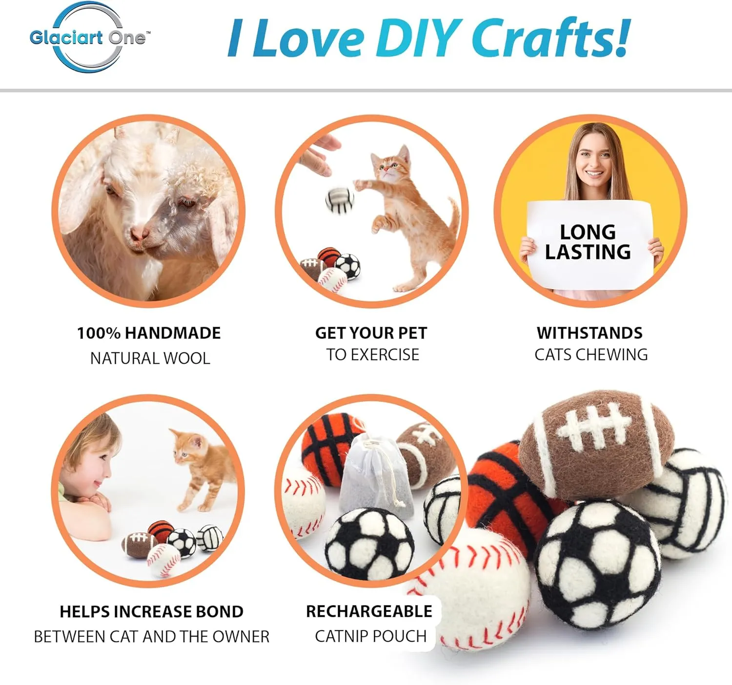 Glaciart One Sports Wool Balls for Cats  5 Pcs with Catnip Pouch - Soft Fuzzy Enrichment 100% Natural Felt Cat Toy - Interactive Play Cat Toy Set - Safe for Pets, Non-AZO Colored Dyes  1.6