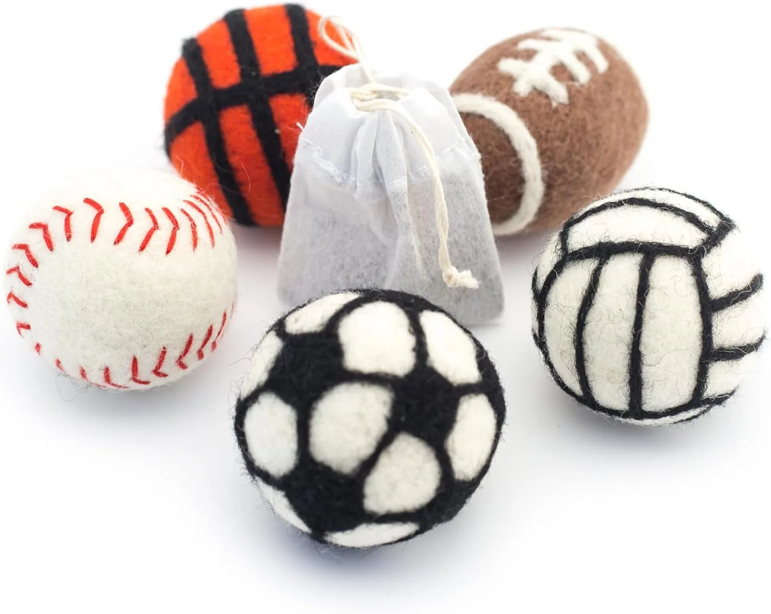 Glaciart One Sports Wool Balls for Cats  5 Pcs with Catnip Pouch - Soft Fuzzy Enrichment 100% Natural Felt Cat Toy - Interactive Play Cat Toy Set - Safe for Pets, Non-AZO Colored Dyes  1.6